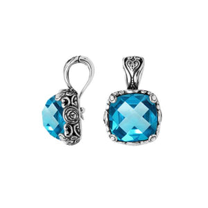 Sterling Silver Square Pendant With Blue Topaz Quartz And Floral Balinese Detail For Wholesale