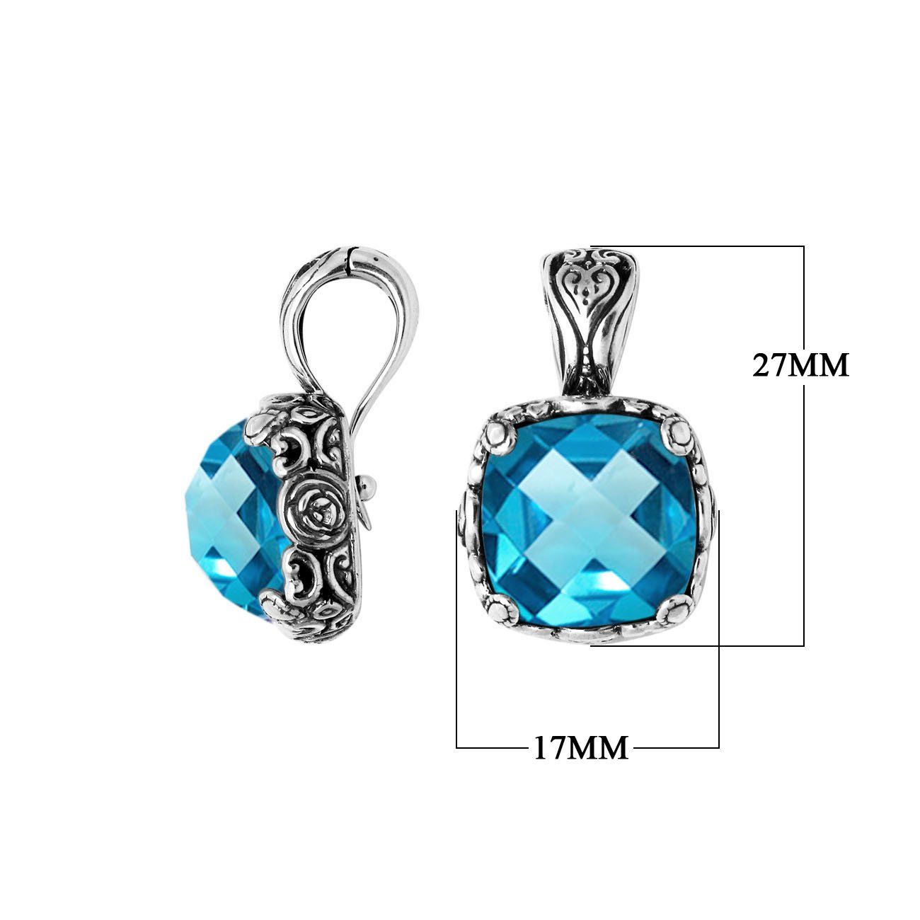 Sterling Silver Square Pendant With Blue Topaz Quartz And Floral Balinese Detail For Wholesale