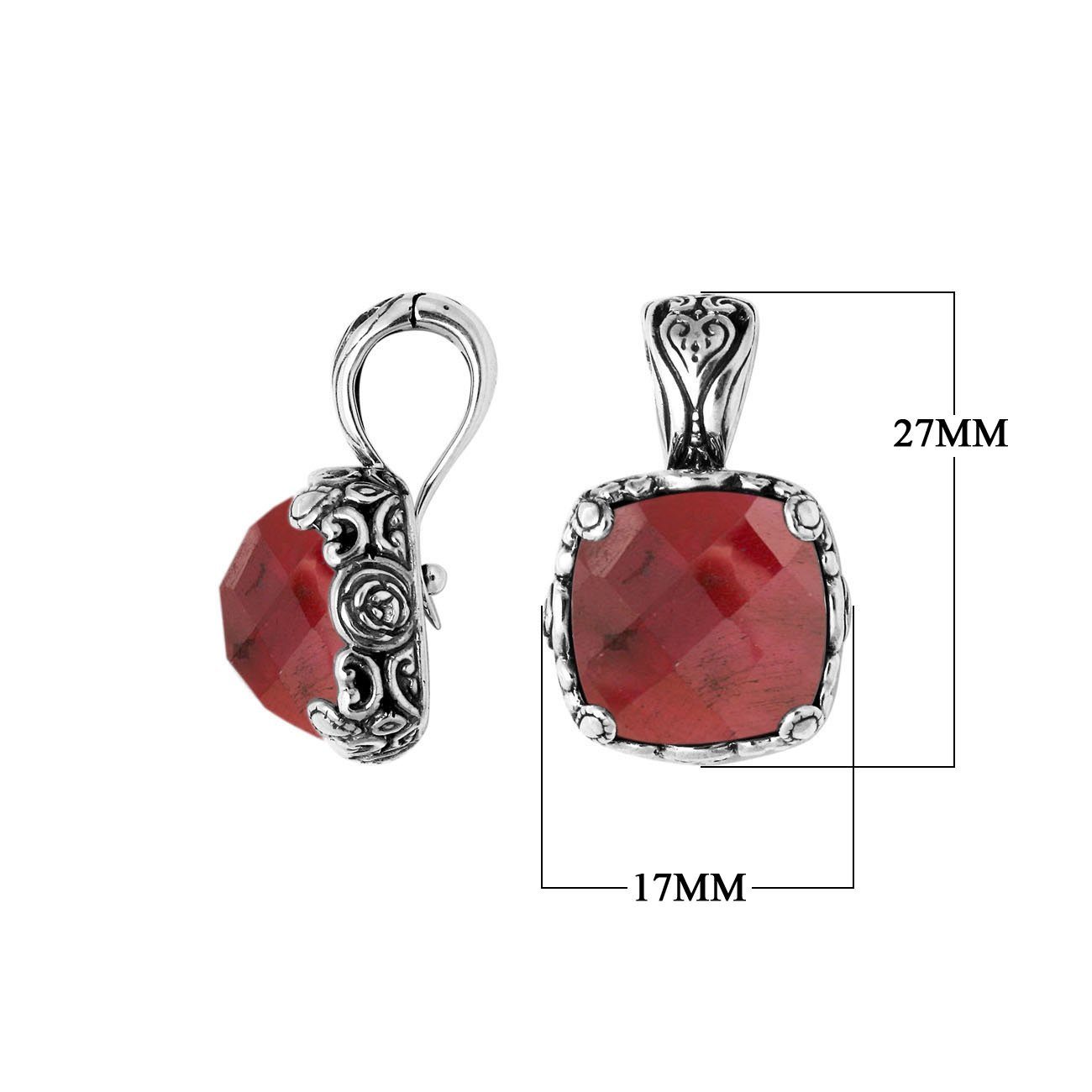 Sterling Silver Cushion Cut Ruby Quartz Pendant With Balinese Scroll Engraving