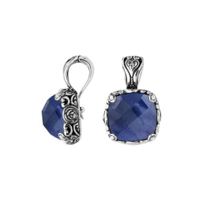 Sterling Silver Cushion Cut Blue Sapphire Quartz Pendant With Balinese Scroll Engraving