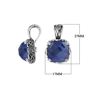 Sterling Silver Cushion Cut Blue Sapphire Quartz Pendant With Balinese Scroll Engraving