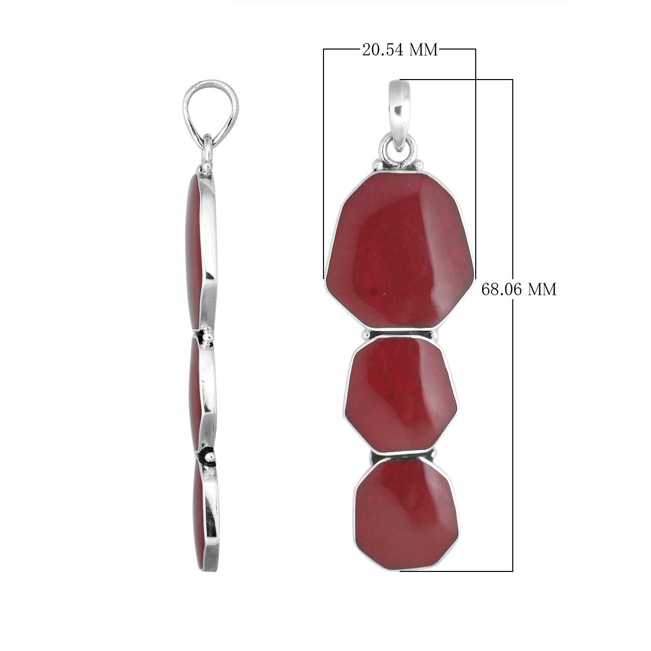 Sterling Silver Three-Link Octagon Shape Red Coral Pendant