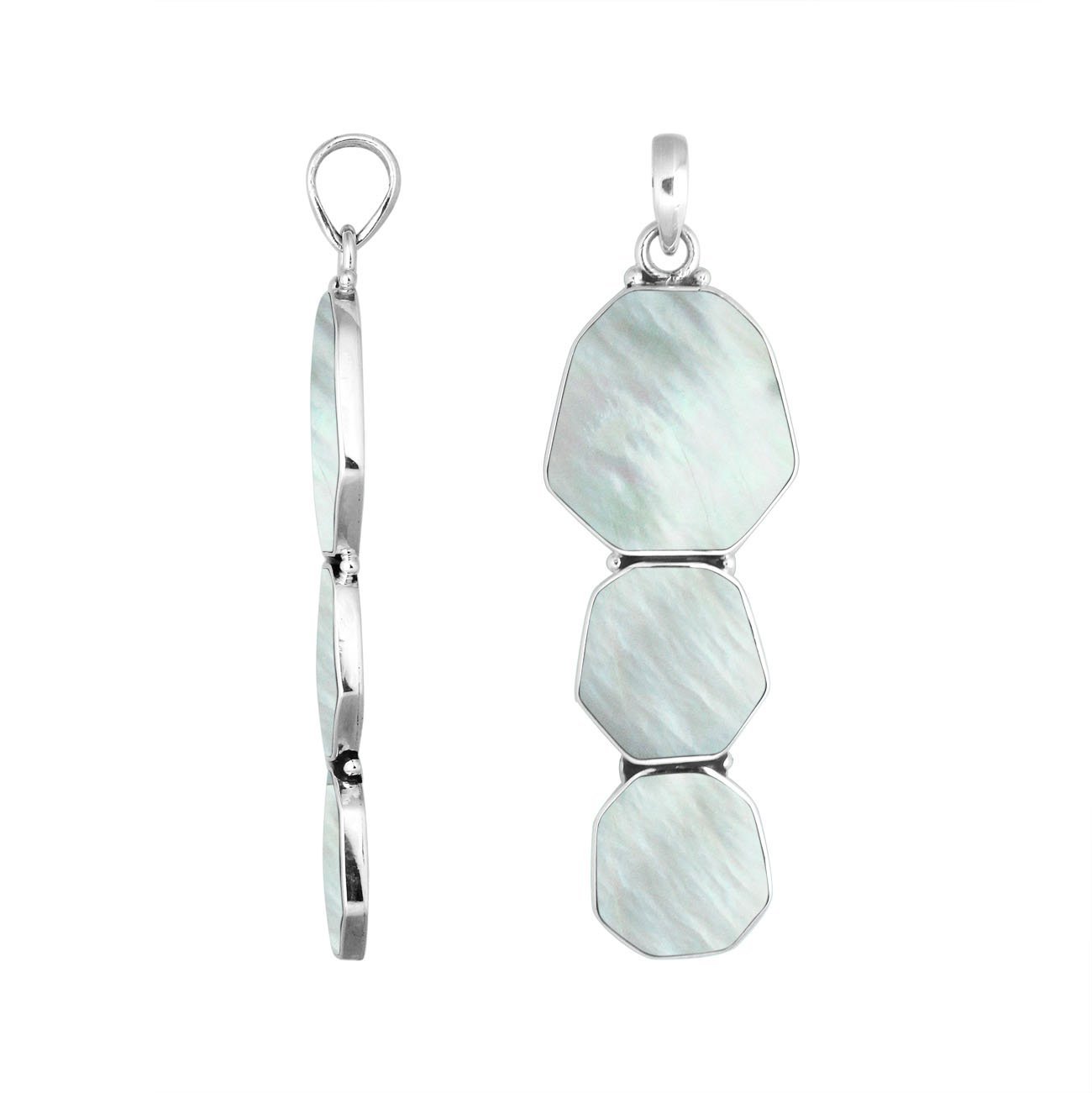 Sterling Silver Three-Link Octagon Shape Mother Of Pearl Pendant