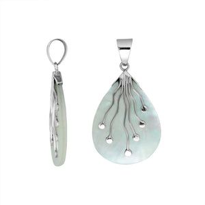 Sterling Silver Teardrop Shape Mother Of Pearl Pendant With Silver Wave Design