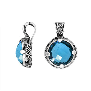 Sterling Silver Round Shape Blue Topaz Quartz Pendant With Balinese Carved Design