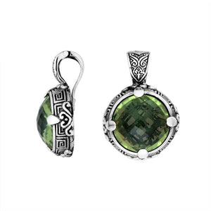Sterling Silver Round Shape Green Amethyst Quartz Pendant With Balinese Carved Design