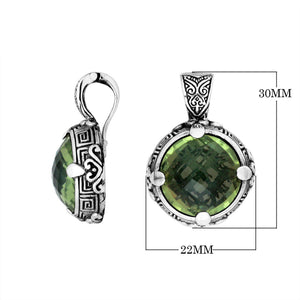 Sterling Silver Round Shape Green Amethyst Quartz Pendant With Balinese Carved Design