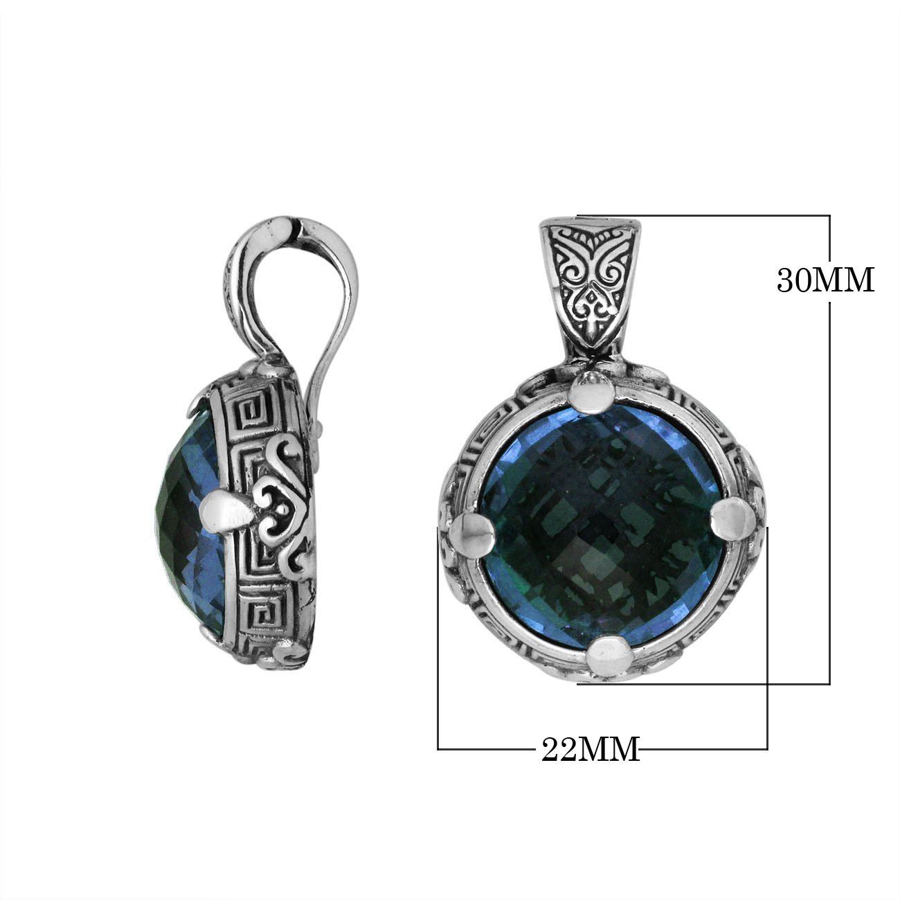 Sterling Silver Round Shape London Blue Topaz Quartz Pendant With Balinese Carved Design