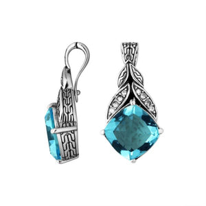 Sterling Silver Leaf Design Blue Topaz Quartz And Cubic Zirconia Pendant
