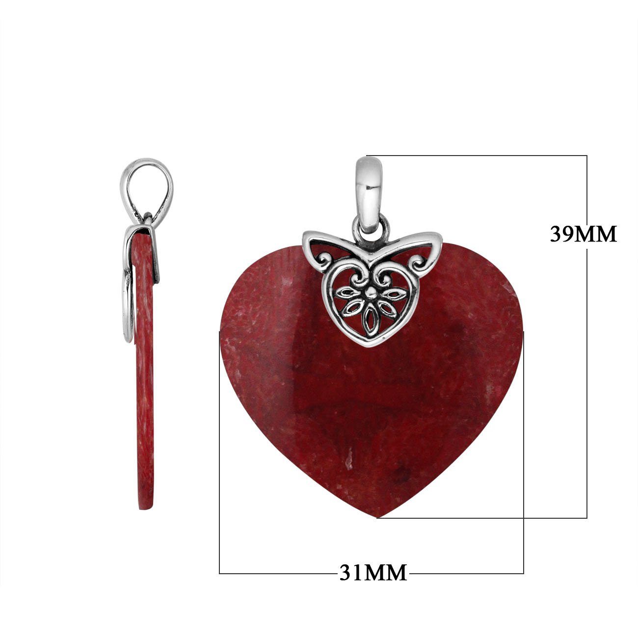 Red Coral Heart Shaped 925 Sterling Silver Pendant With Detailed Balinese Filigree Work