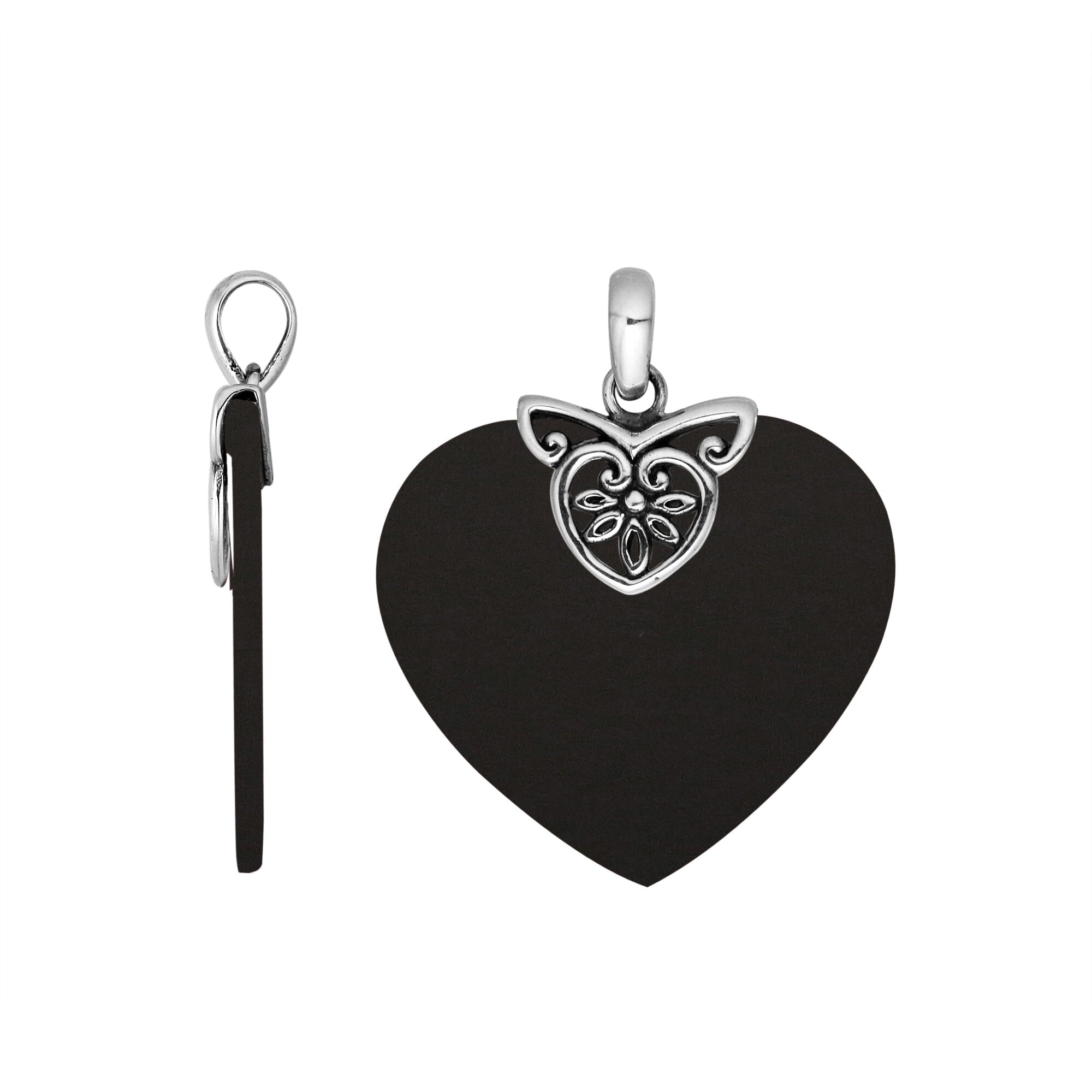 Luxury handcrafted Sterling Silver Heart Pendant featuring radiant Black Shell and ornate filigree cap, designed for wholesale buyers seeking elegant artisan jewelry from Bali.