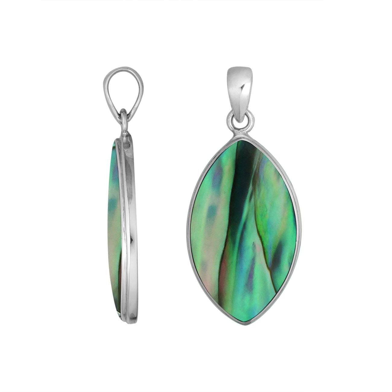 925 Sterling Silver Marquise Pendant featuring vibrant Abalone Shell inlay and sleek Balinese frame, polished to a mirror finish for premium wholesale silver collections.