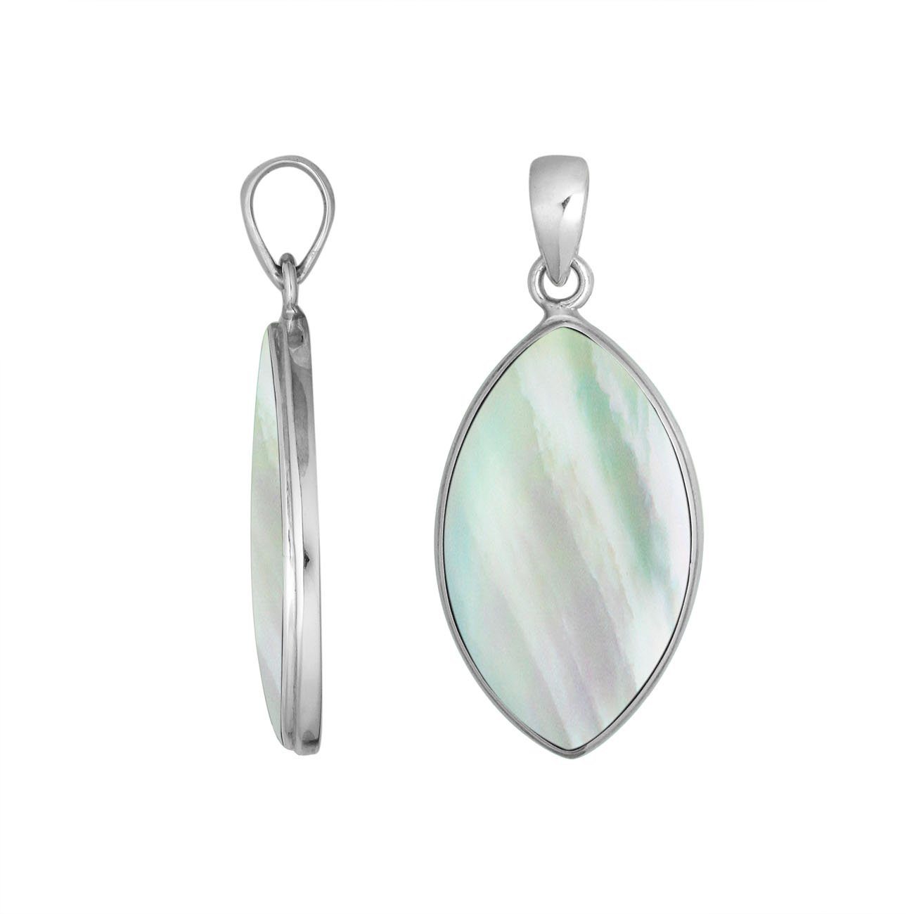 925 Sterling Silver Marquise Pendant with luminous Mother Of Pearl inlay and sleek Balinese frame, handcrafted for premium wholesale jewelry assortments.