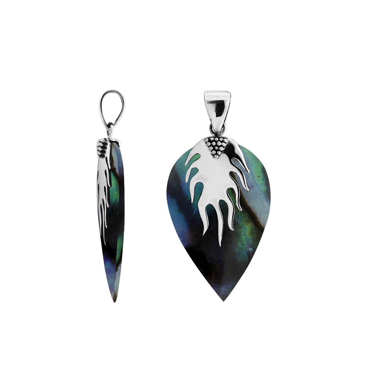 925 Sterling Silver Leaf Pendant with Abalone Shell inlay and flame-inspired top design, handcrafted for wholesale Balinese silver jewelry collections.