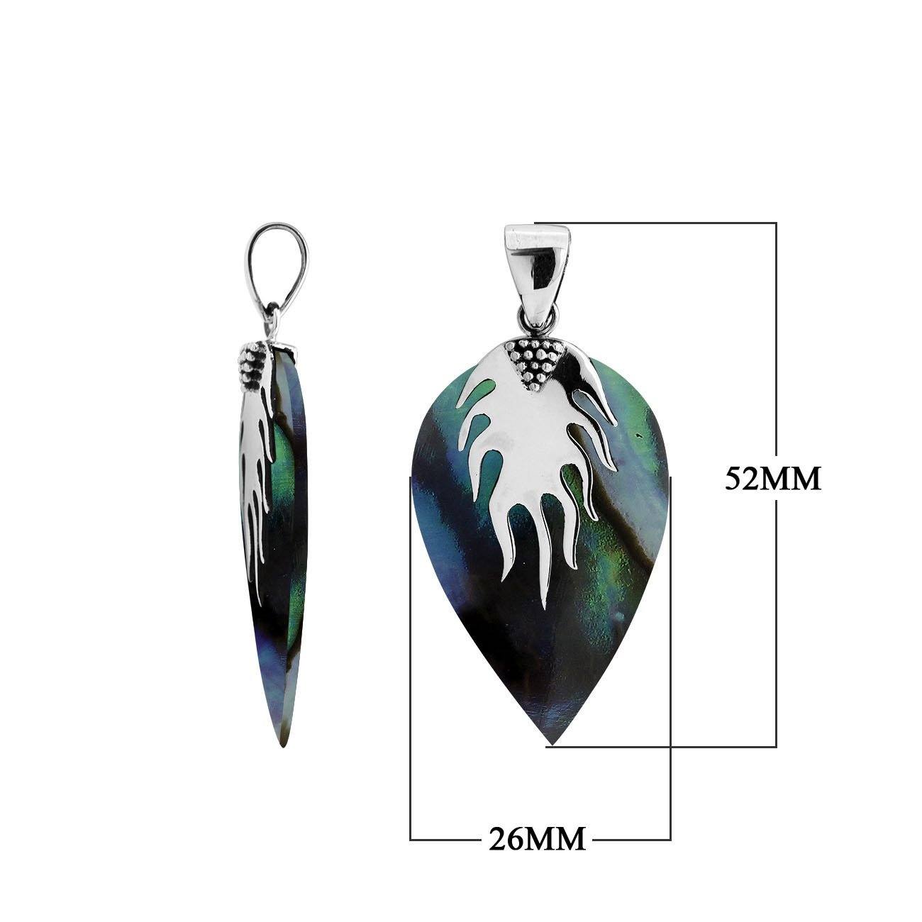 925 Sterling Silver Leaf Pendant with Abalone Shell inlay and flame-inspired top design, handcrafted for wholesale Balinese silver jewelry collections.