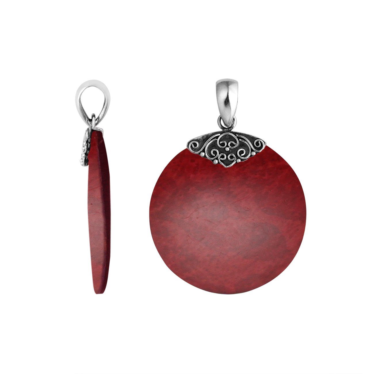 Sterling Silver Red Coral Round Polished Designer Pendant For Wholesale Buyers.