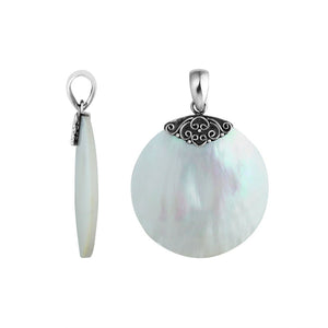 Sterling Silver Mother Of Pearl Round Polished Designer Pendant For Wholesale Jewelry Collections.