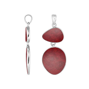 Sterling silver double-shape pendant featuring triangular and oval red coral with smooth high-polish finish in classic Balinese craftsmanship.