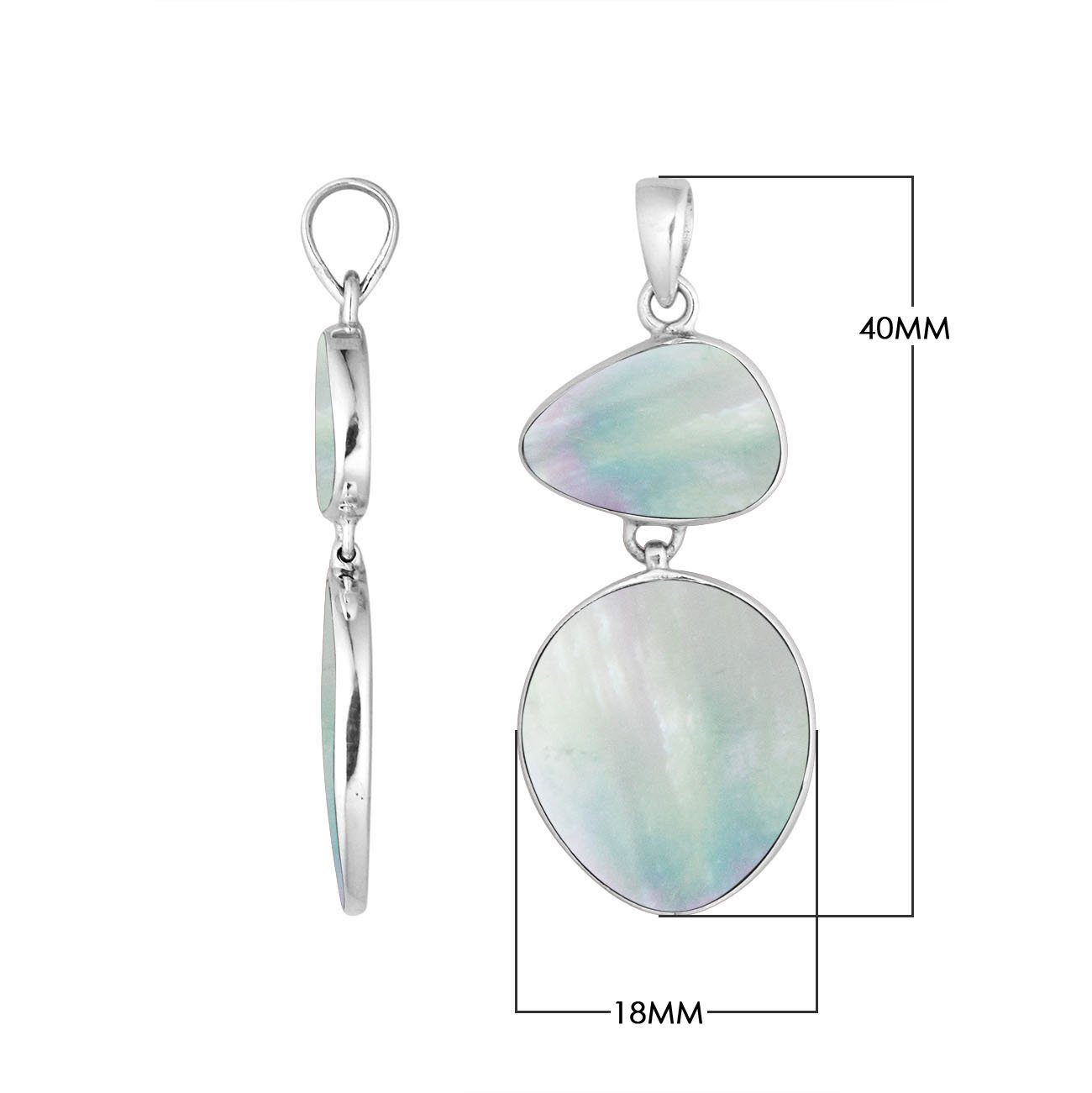 Sterling silver double-shape pendant with Mother Of Pearl triangular and oval stones, smooth mirror-polished surface, and elegant Balinese craftsmanship.