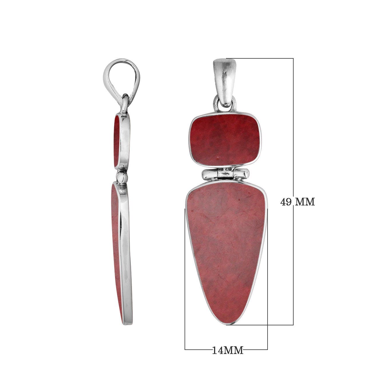 Sterling Silver Red Coral Dual Stone Geometric Pendant For Wholesale Jewelry Buyers.