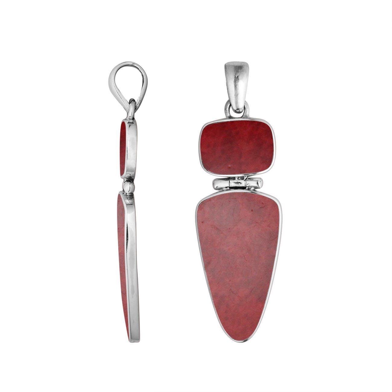 Sterling Silver Red Coral Dual Stone Geometric Pendant For Wholesale Jewelry Buyers.
