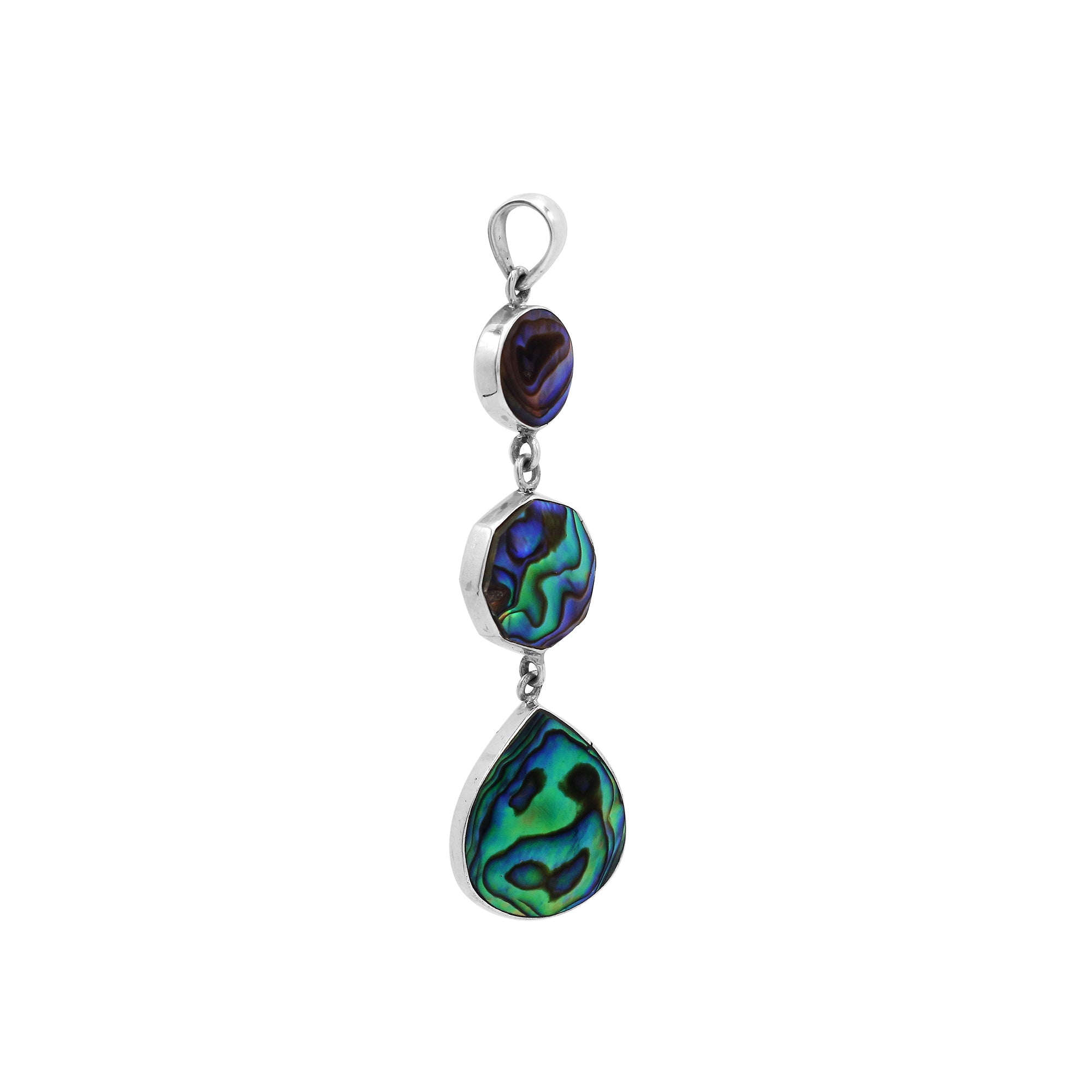 Sterling Silver Triple Drop Abalone Shell Pendant With Polished Balinese Frame.