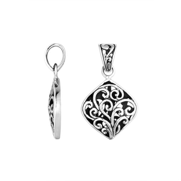 Sterling Silver Diamond Shape Filigree Pendant With Balinese Detailing.