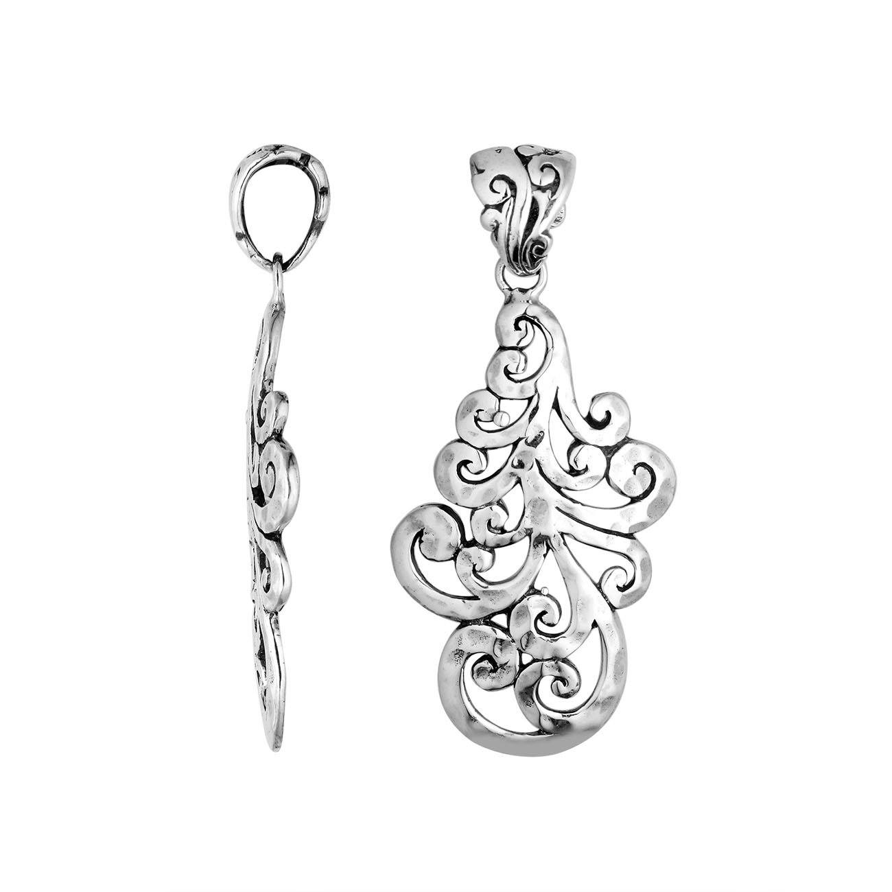 Sterling Silver Artistic Swirl Leaf Pendant With Balinese Filigree Design.