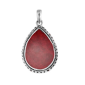 Sterling Silver Red Coral Teardrop Pendant With Rope Border For Wholesale Buyers.