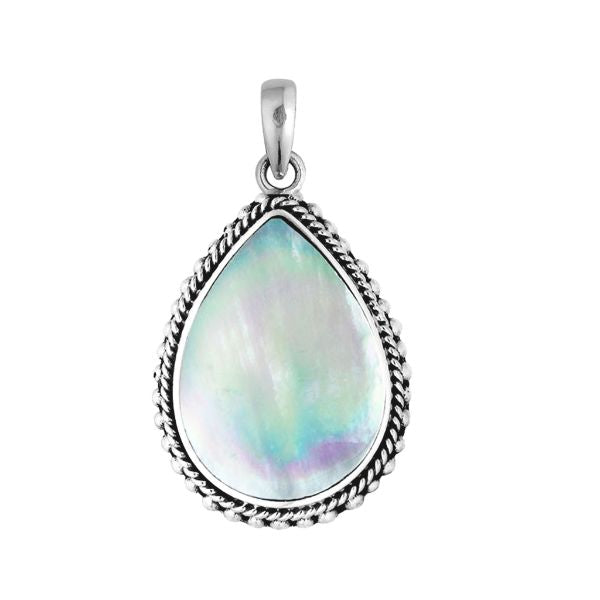 AP-6251-MOP Sterling Silver Beautiful Pear Shaped Pendant With Mother of Pearl Covered by Designer Granulated Rope Jewelry Bali Designs Inc 