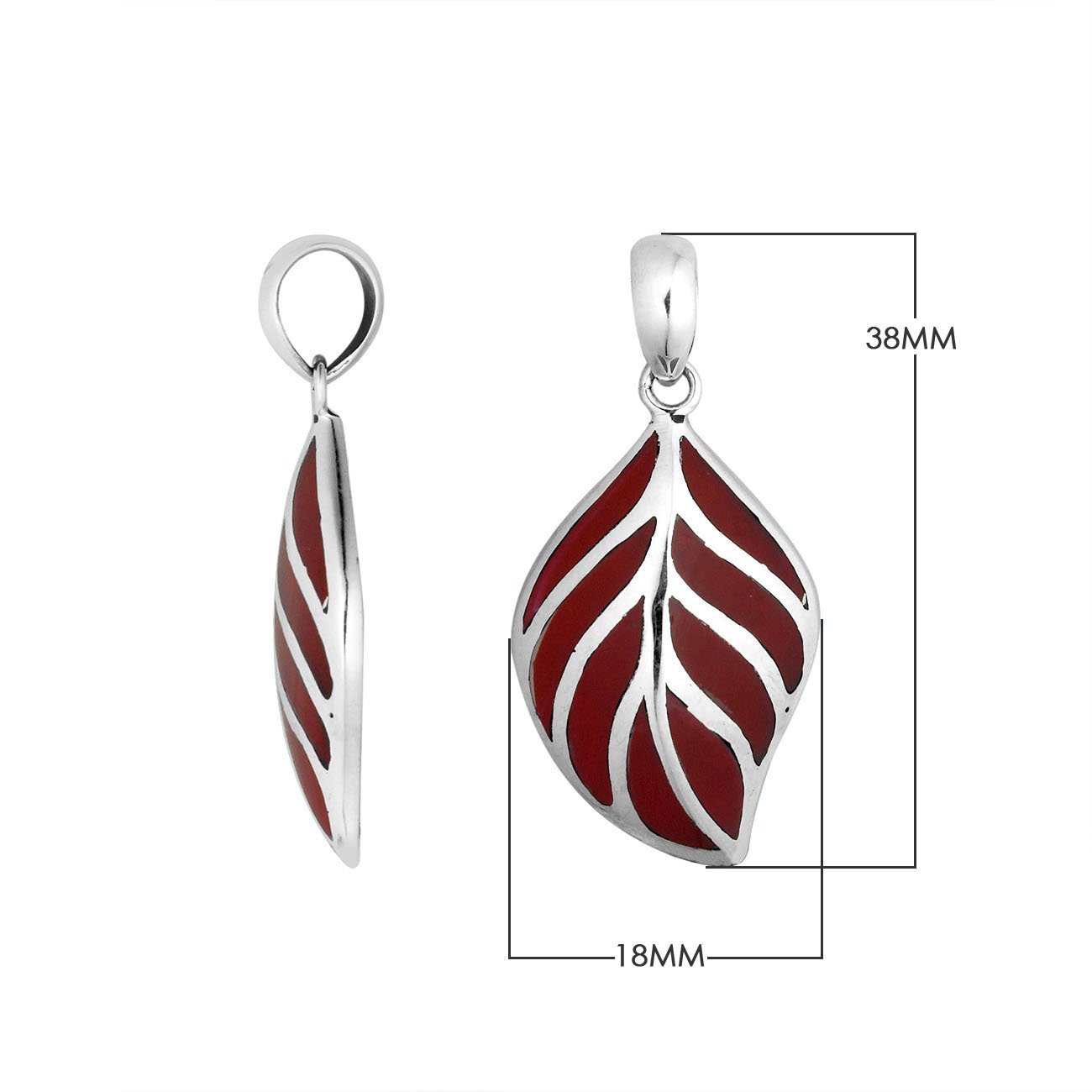 Sterling Silver Red Coral Leaf Pendant With Polished Silver Vein Detailing For Wholesale Buyers.