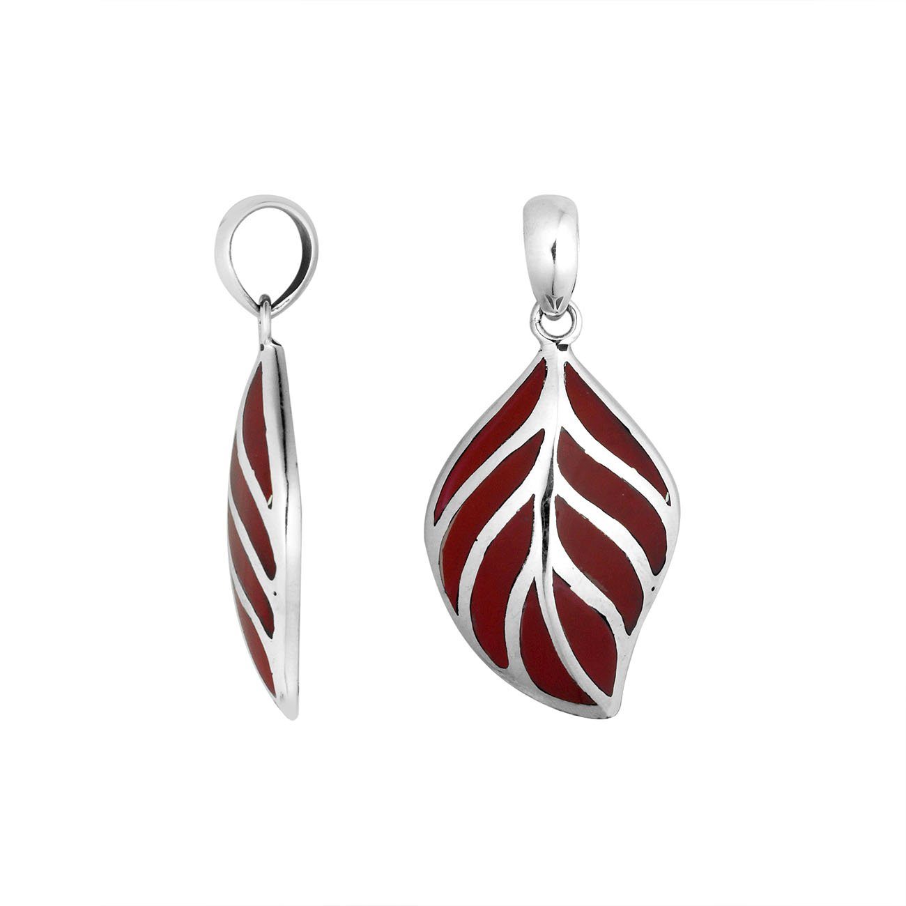 Sterling Silver Red Coral Leaf Pendant With Polished Silver Vein Detailing For Wholesale Buyers.