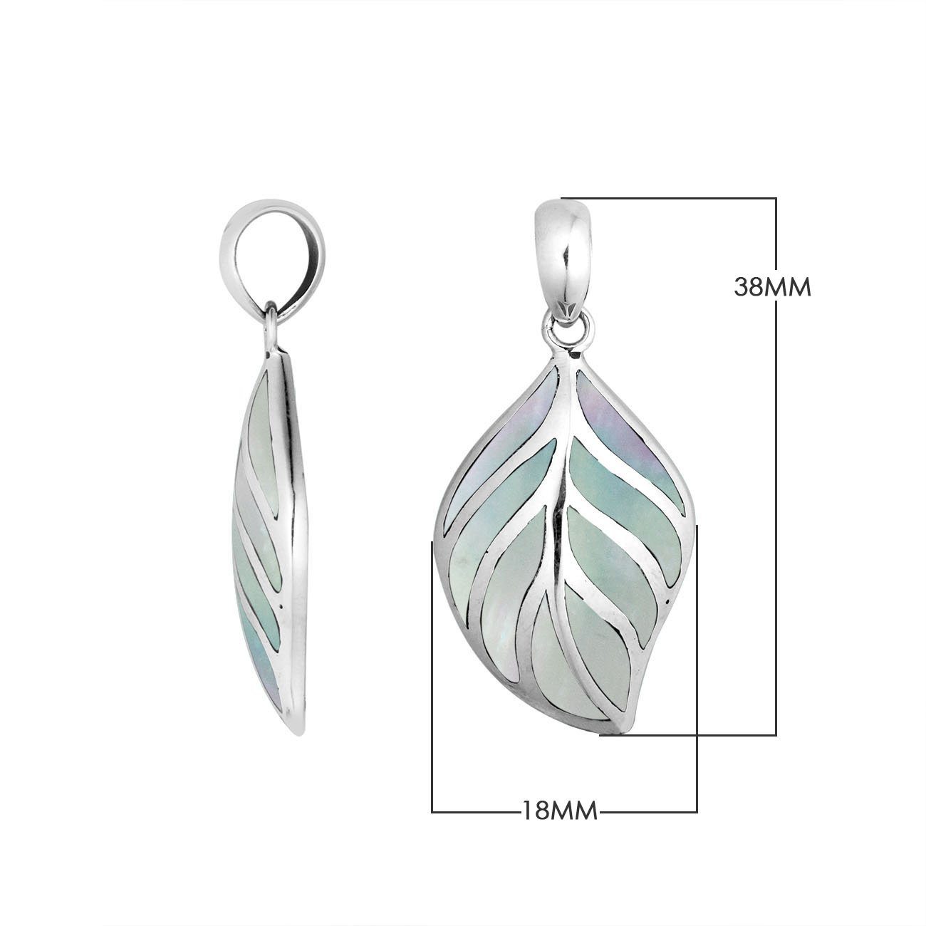 Sterling Silver Mother Of Pearl Leaf Pendant With Polished Silver Vein Detailing For Wholesale Buyers.