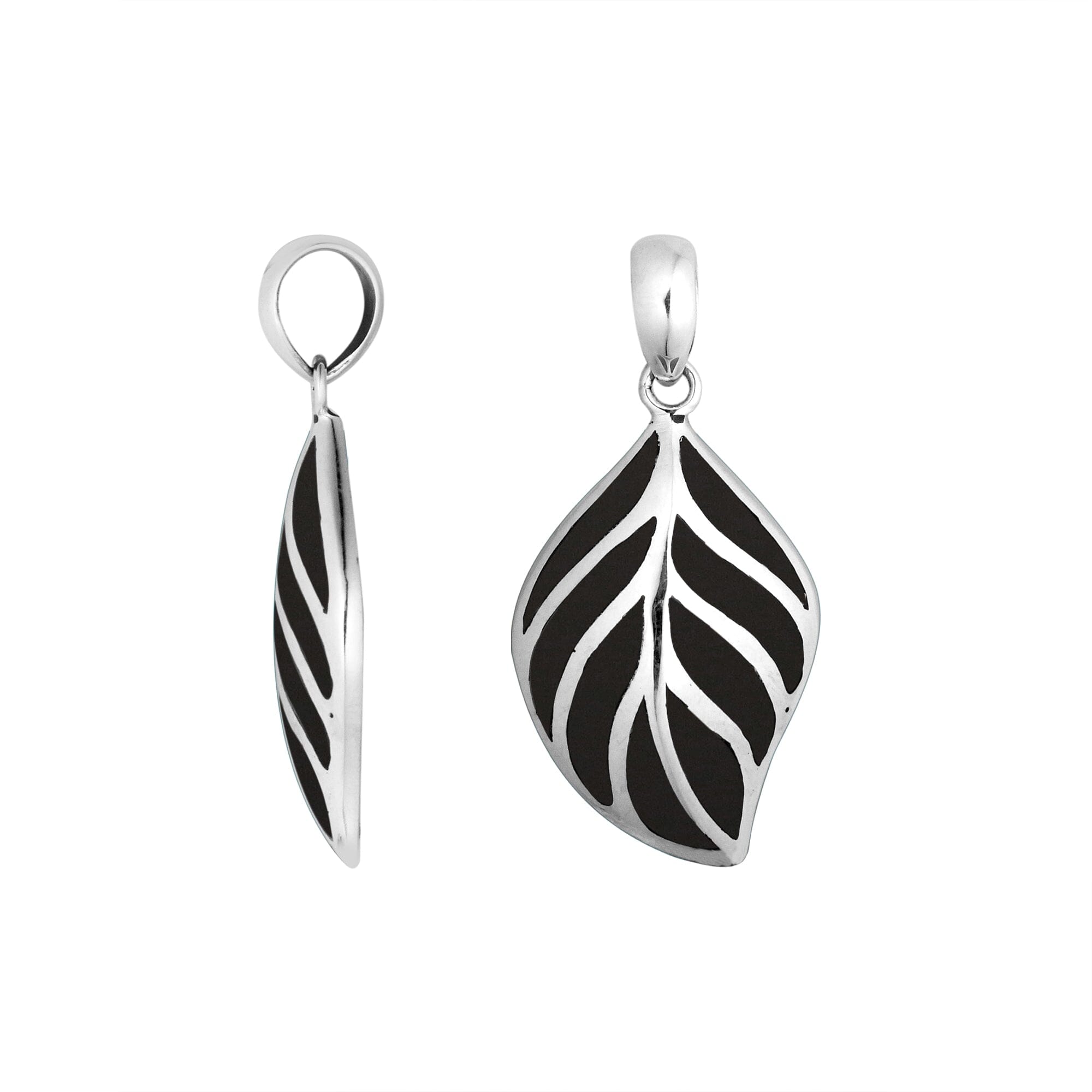 Sterling Silver Black Shell Leaf Pendant With Polished Silver Vein Design For Wholesale Collection.