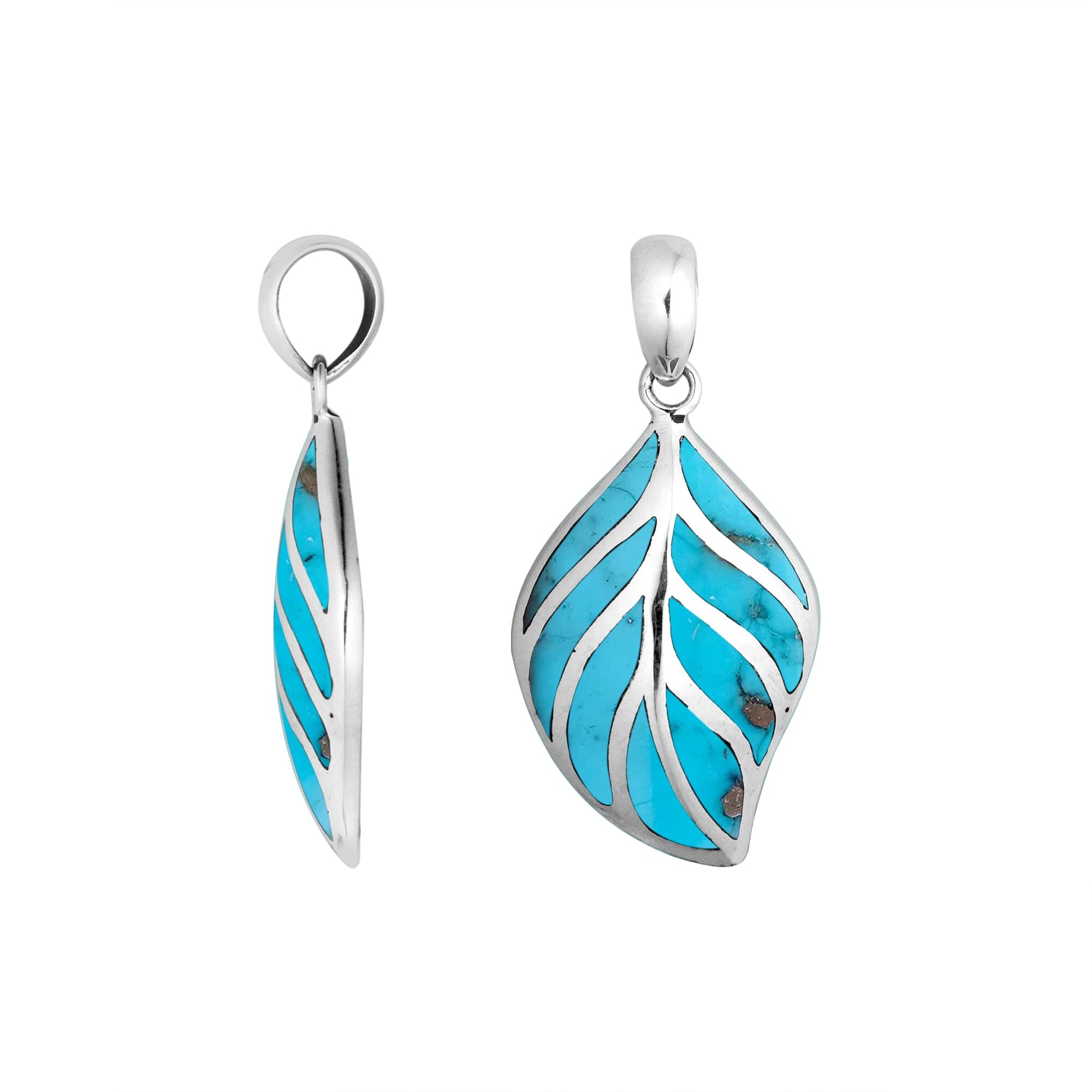 Sterling Silver Turquoise Shell Leaf Pendant With Polished Silver Vein Detailing For Wholesale Jewelry Buyers.