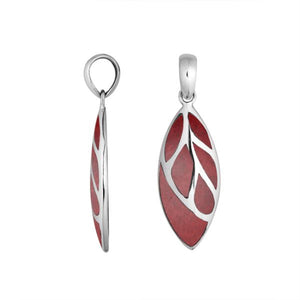 Sterling Silver Red Coral Leaf Pendant With Polished Silver Vein Detailing For Wholesale Buyers.