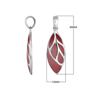 Sterling Silver Red Coral Leaf Pendant With Polished Silver Vein Detailing For Wholesale Buyers.