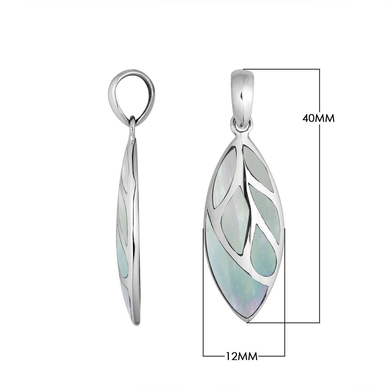 Sterling Silver Mother Of Pearl Leaf Pendant With Polished Silver Vein Design For Wholesale Buyers.