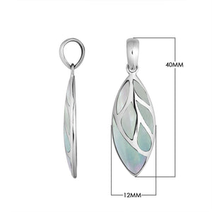 Sterling Silver Mother Of Pearl Leaf Pendant With Polished Silver Vein Design For Wholesale Buyers.