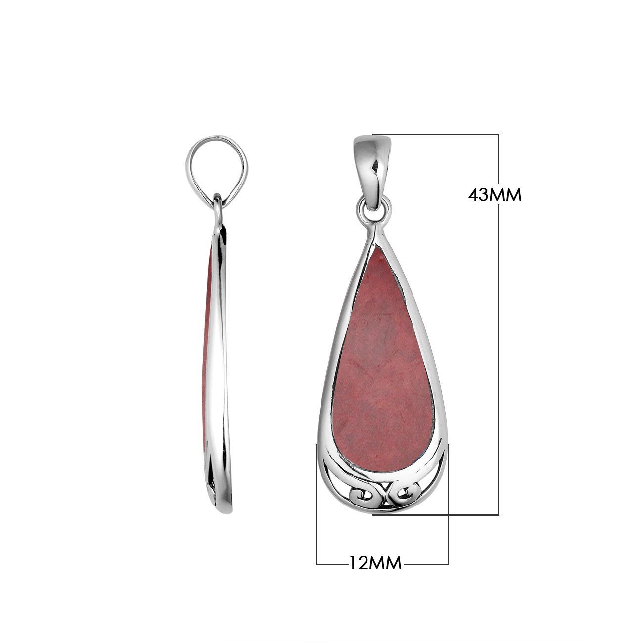 Sterling Silver Red Coral Teardrop Pendant With Polished Silver Border For Wholesale Buyers.