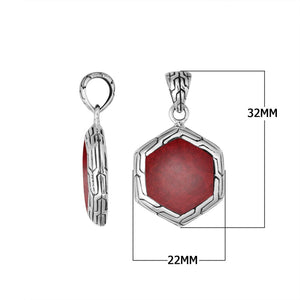Sterling Silver Red Coral Hexagon Pendant With Polished Silver Border For Wholesale Buyers.