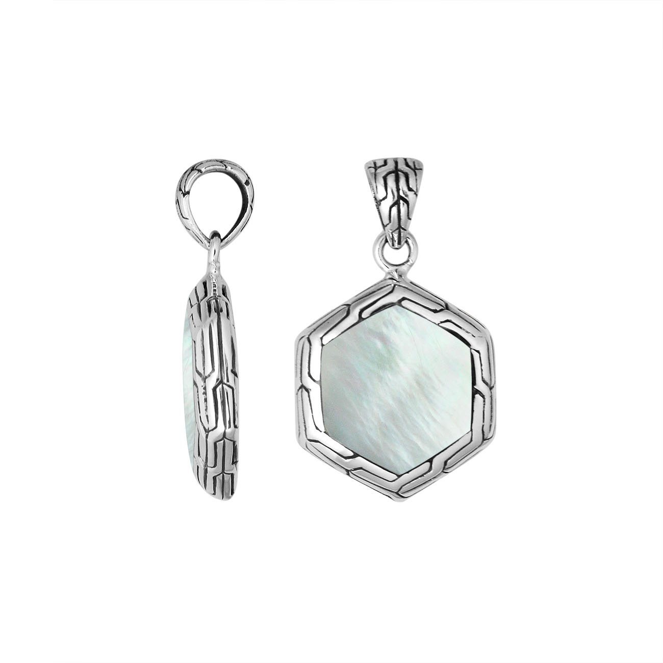 Sterling Silver Mother Of Pearl Hexagon Pendant With Polished Silver Frame For Wholesale Buyers.