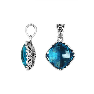 Sterling Silver London Blue Topaz Quartz Cushion Pendant With Balinese Filigree Design For Wholesale Buyers.