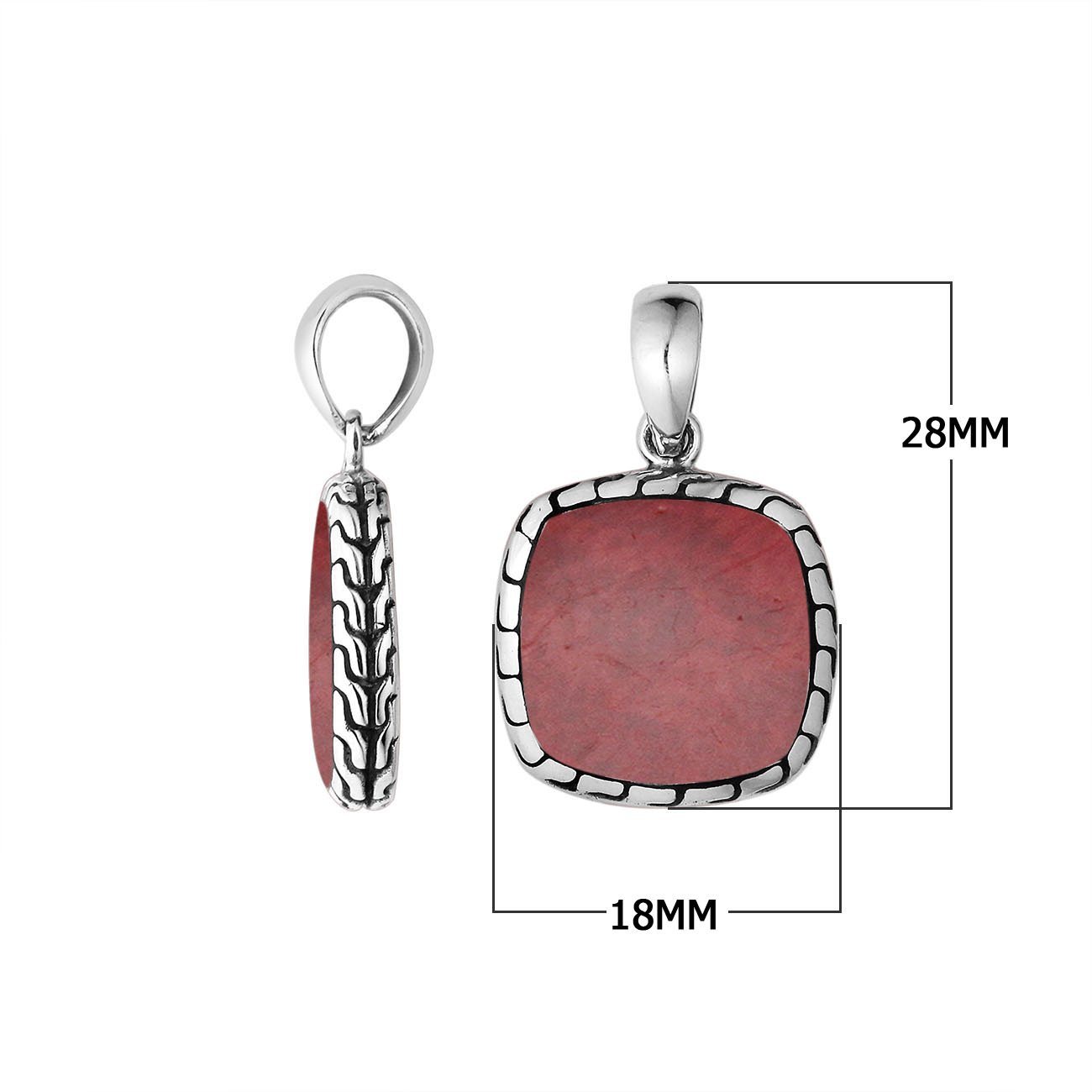 Sterling Silver Red Coral Cushion Pendant With Balinese Frame Design For Wholesale Buyers.