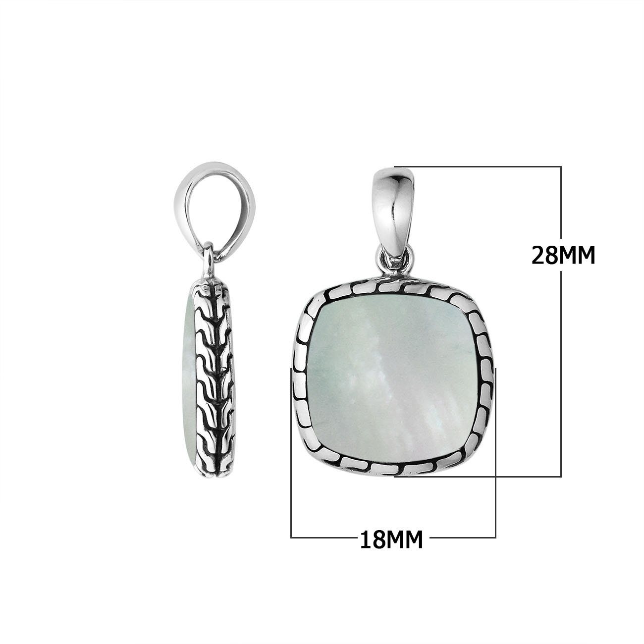 Sterling Silver Mother Of Pearl Cushion Pendant With Balinese Frame Design For Wholesale Buyers.