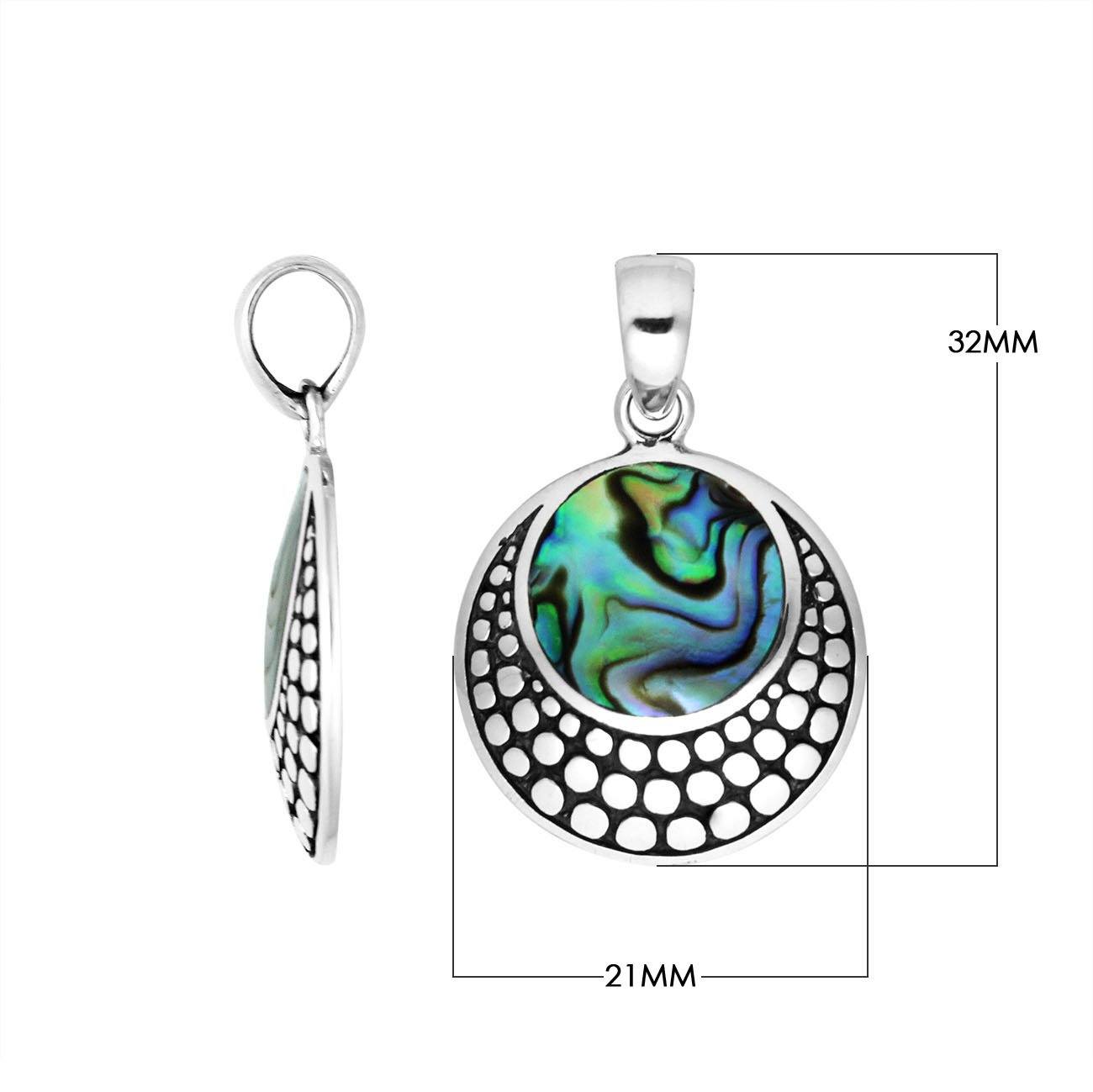 Round sterling silver pendant with abalone shell and dotted Balinese pattern handcrafted in Bali.