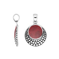 Round sterling silver pendant with red coral and dotted Balinese frame handcrafted in Bali.