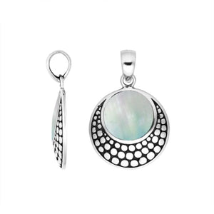 Sterling silver round pendant with mother of pearl and Balinese textured frame handcrafted in Bali.