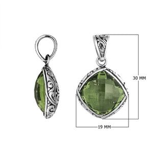Sterling silver green amethyst quartz cushion pendant with Balinese scroll pattern handcrafted in Bali.