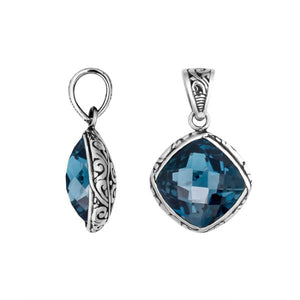 Sterling silver London blue topaz quartz cushion pendant with Balinese scroll pattern handcrafted in Bali.